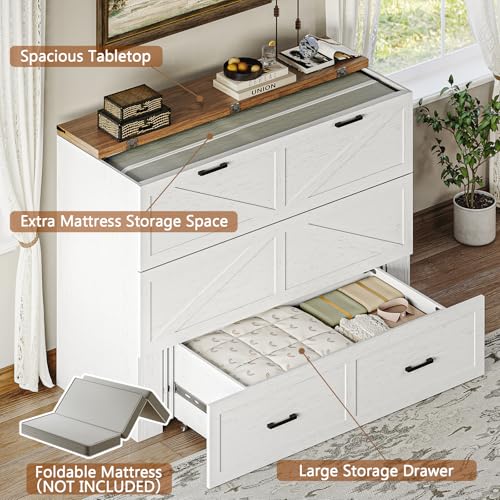 CHUWELL Full Size Murphy Bed with Charging Station & Drawer, Farmhouse Full Size Mobile Cabinet Bed Frame, Murphy Chest Bed Cabinet for Bedroom, Guest Room