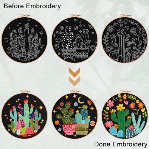 Nuberlic 3 Pack Embroidery Kit for Beginner Adults, Stamped Cross Stitch with Cactus Patterns Include 3 Hoop, Cloth Thread Needles and Instructions