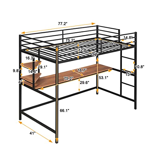 Bellemave Twin Size Loft Bed with Desk and 2 Shelves, Metal loft bedframe with Storage Shelves, Black Bellemave