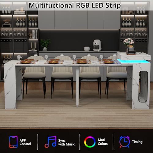 Extendable Dining Table with Charging Station & LED Lights, 19.7" to 98.4" White Faux Marble Dining Table, Rectangle Console Table for 2-8, Modern Space Saving Kitchen Island Table (No Chairs) Gyfimoie