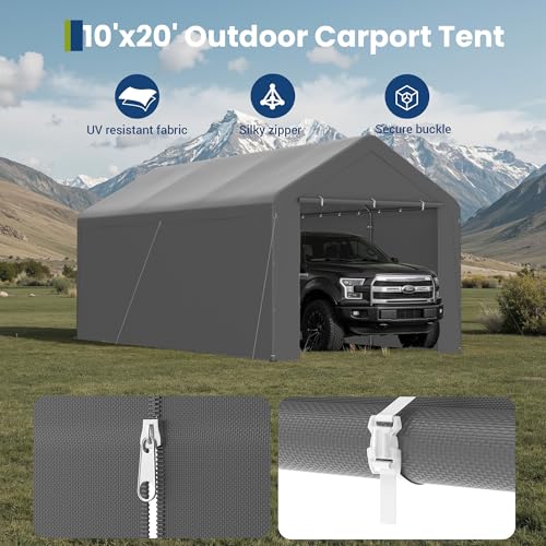 GOJOOASIS 10x20 Carport Heavy Duty Portable Garage Shelter Metal Car Canopy Tent with UV-Resistant & Weatherproof Top Cover for RV & Vehicles (Gray, 10x20 with sidewalls) GOJOOASIS