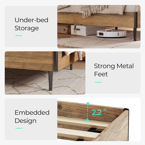 LINSY Full Size Bed Frame with Ergonomic Headboard, RGB Lights, Charging Station & Storage, Brown Farmhouse Design LINSY