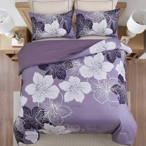 Menghomeus Queen Comforter Set Dark Purple Floral Bedding Comforter Sets - Soft Microfiber Bed Comforter Set for All Season, 3 Piece Botanical Flowers Comforter, Pillowcases Menghomeus