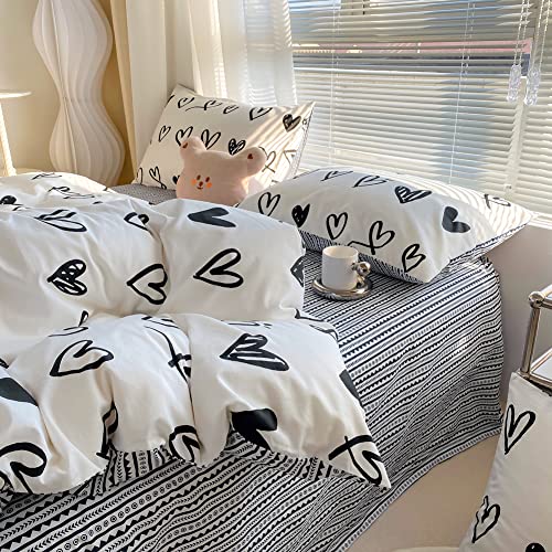 BlueBlue Hearts Kids Duvet Cover Set Twin 100% Cotton Bedding for Boys Girls Teens Single Bed Cartoon Kawaii Black White Heart Love Pattern 1 Cute Comforter Cover 2 Pillowcase (Twin) BlueBlue