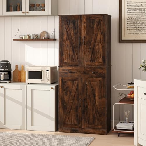 Giantex 72" Tall Kitchen Pantry Cabinet, Modern Farmhouse Pantry Storage Cabinet with 4 Barn Doors, Adjustable Shelves & Drawer, Buffet Cupboard with Living Room, Dining Room, Bathroom, Rustic Brown Giantex