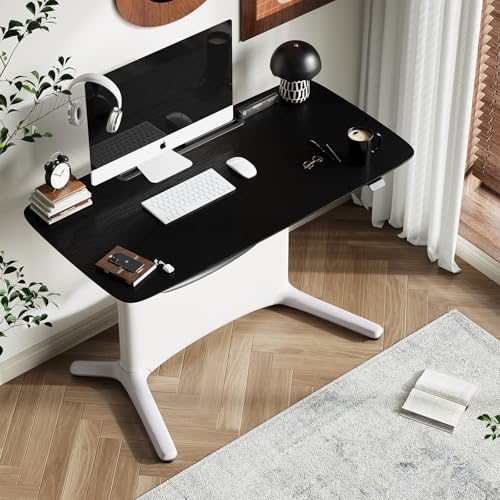 COLAMY Electric Adjustable Standing Desk – 48 x 28 Inch Sit Stand Desk with Drawer & Cable Management, Dual Motor Lift System, Ergonomic Footrest, Home Office Table (Veneer Desktop, Black Oak + White) COLAMY