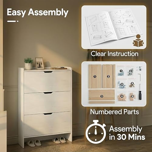 RIHHA 52" Tall Slim Shoe Cabinet, 3-Drawer Flip Down Hidden Shoe Storage with Top Fence & Open Bottom Shelf, Ultra-Thin Narrow Shoe Rack, White Wood Grain RIHHA