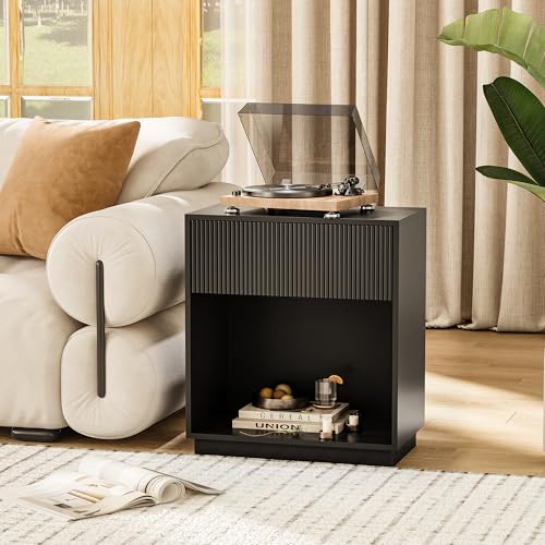 Fluted Nightstands Set of 2, Modern Bedside Table with Drawer and Storage Shelf, Wood End Table Mid Century Night Stands for Bedroom Living Room Sofa Couch Office (Black) INNOD