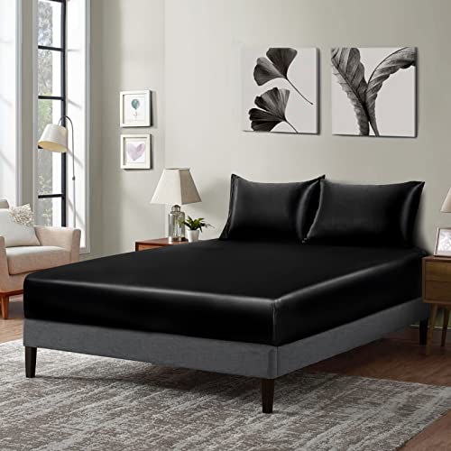 P Pothuiny Satin Fitted Sheet Twin XL Size, 1 Single Fitted Sheet Only, Extra Soft Deep Pocket Bottom Bed Sheets Mattress Cover Fits 12" to 16", Wrinkle Free, Fully Elasticized (Black) P Pothuiny