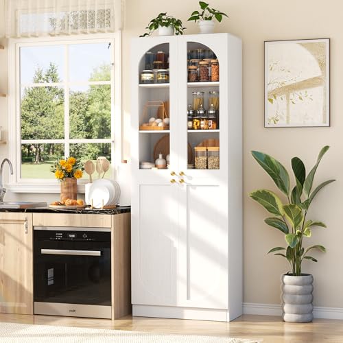 Cyclysio 80" Kitchen Pantry, Tall Arch Storage Cabinet with Tempered Glass Doors, Freestanding Wood Floor Cupboard Bookcase with Seamless Fit Wall for Dining Room, Living Room, Bathroom (White) Cyclysio