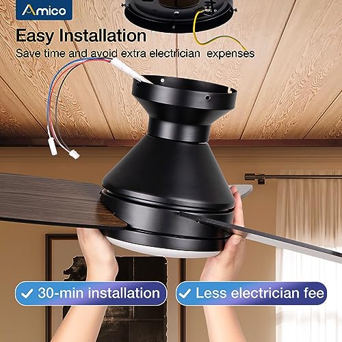 Amico Ceiling Fans with Lights, 42 inch Low Profile Ceiling Fan with Light and Remote Control, Flush Mount, Reversible, 3CCT, Dimmable, Noiseless, Black Ceiling Fan for Bedroom, Indoor/Outdoor Use Amico