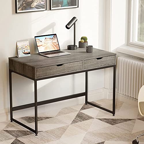 Bestier Rectangular Two Drawer Writing Computer Desk, Modern Engineered Wood Design, Stainless Steel Leg Frames, Modern Industrial Design, Gray Bestier
