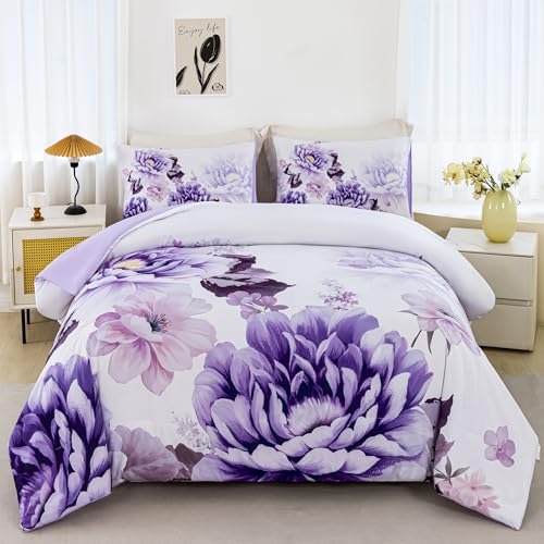 RYNGHIPY Purple Floral Comforter Set: Lightweight Soft Bedding Comforter Sets for All Season - Farmhouse Flower Bedding Set Full Size (Purple,Full Size) RYNGHIPY