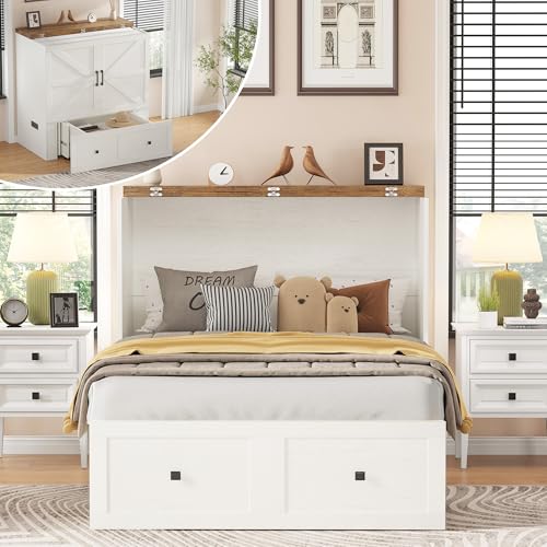 AMERLIFE Twin Murphy Bed Cabinet with Charging Station and Storage Drawer, Farmhouse Foldable Platform Bed for Home Office, Apartment, Small Spaces, Distressed White AMERLIFE