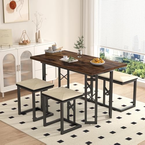 VECELO 43.3" Dining Table Sets, Farmhouse Small Kitchen Table for 4 with 3 Benches Wicker Mats,Metal Frame Space-Saving Adjustable Feets Coffee Table for Home Kitchen Dining, Dark Brown VECELO