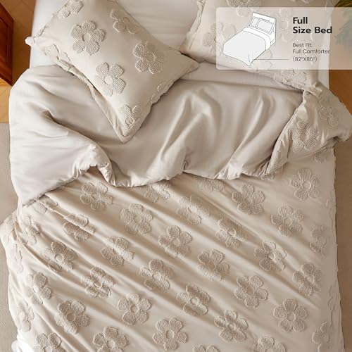 Joiedomi Tufted Full Size Comforter Set, 3 Pieces Beige Boho Full Bedding Set with 1 Boho Flower Comforter and 2 Pillow Shams, Bed in a Bag for All Seasons Joiedomi