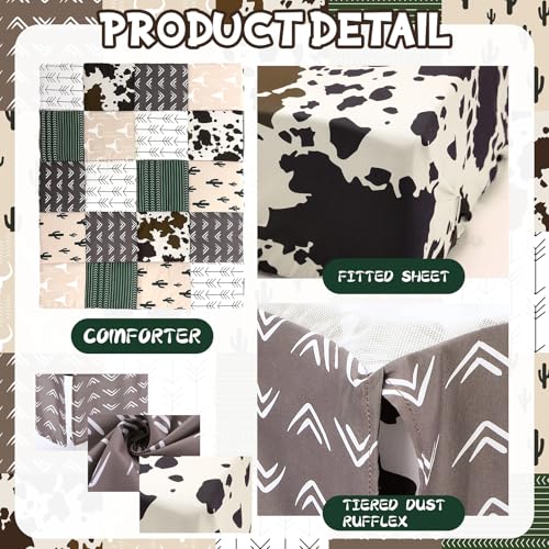 Hahafelt 3 Piece Patchwork Western Crib Bedding Set for Boys Girls Cow Cactus Print Baby Bedding Barnyard Western Nursery Decor Soft Baby Bed Set Includes Quilt Fitted Crib Sheet Bed Skirt(Cowboys) Hahafelt