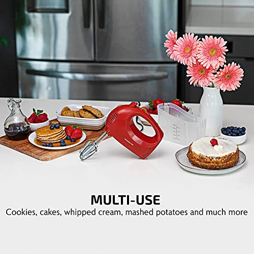 OVENTE Portable 5 Speed Mixing Electric Hand Mixer with Stainless Steel Whisk Beater Attachments & Snap Storage Case, Compact Lightweight 150 Watt Powerful Blender for Baking & Cooking, Red HM151R OVENTE