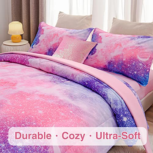 A Nice Night Galaxy Bedding Sets Outer Space Comforter 3D Printed Space Quilt Set Twin 6Pcs Glitter Pink,for Children Boy Girl Teen Kids A Nice Night