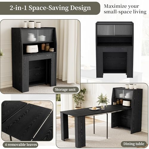 86.6" Extendable Dining Table Seats 4-6, Foldable Kitchen Table with Storage Cabinet for Small Spaces, Multifunctional Console Table with Built-in Shelf, Modern Black Finish (Black Table Only) HIPIHOM