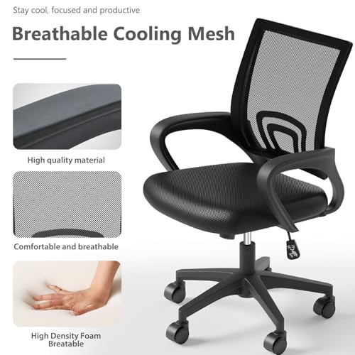OS MOTOR Home Office Chair, Ergonomic Mid-Back Mesh Desk Chair with Lumbar Support, Adjustable Swivel Rolling Design, Comfy Armrest for Work, Study, Gaming, Vanity, Black OS MOTOR