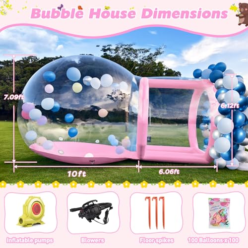 10FT Inflatable Bubble House Dome for Kids, Clear PVC Inflatable Bubble House Tent with Tunnel, Bubble Balloon House with Air Blower, 600W Air Pump for Party (Pink, 10FT) Gaonala