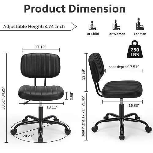 NEWBULIG Armless Small Office Desk Chair with Low Back Lumbar Support, PU Leather Computer Vanity Chair with 360° Swivel Rolling Wheels, Height Adjustable Task Chair for Small Space, Black NEWBULIG