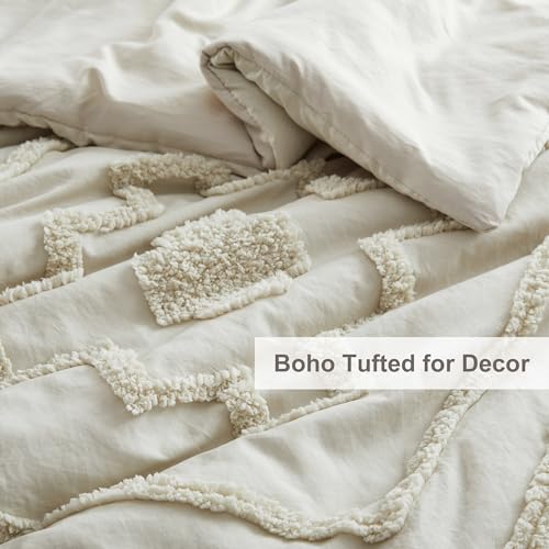 Oli Anderson Boho Tufted Comforter Set Queen Size, 3 Pcs Soft Jacquard Bedding Set for All Seasons, Shabby Chic Farmhouse Bedding Set with Comforters for All Seasons (Beige, Queen) Oli Anderson