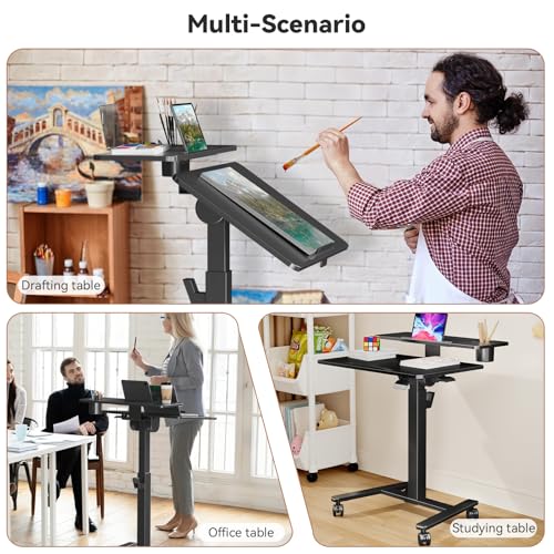 Liftsync 28Inch Rolling Standing Desk On Wheels, Small Computer Workstation Adjustable Height, Mobile Laptop Stand with Tiltable Desktop, 2-Tier Portable Study Table with Storage Shelves, Black Liftsync