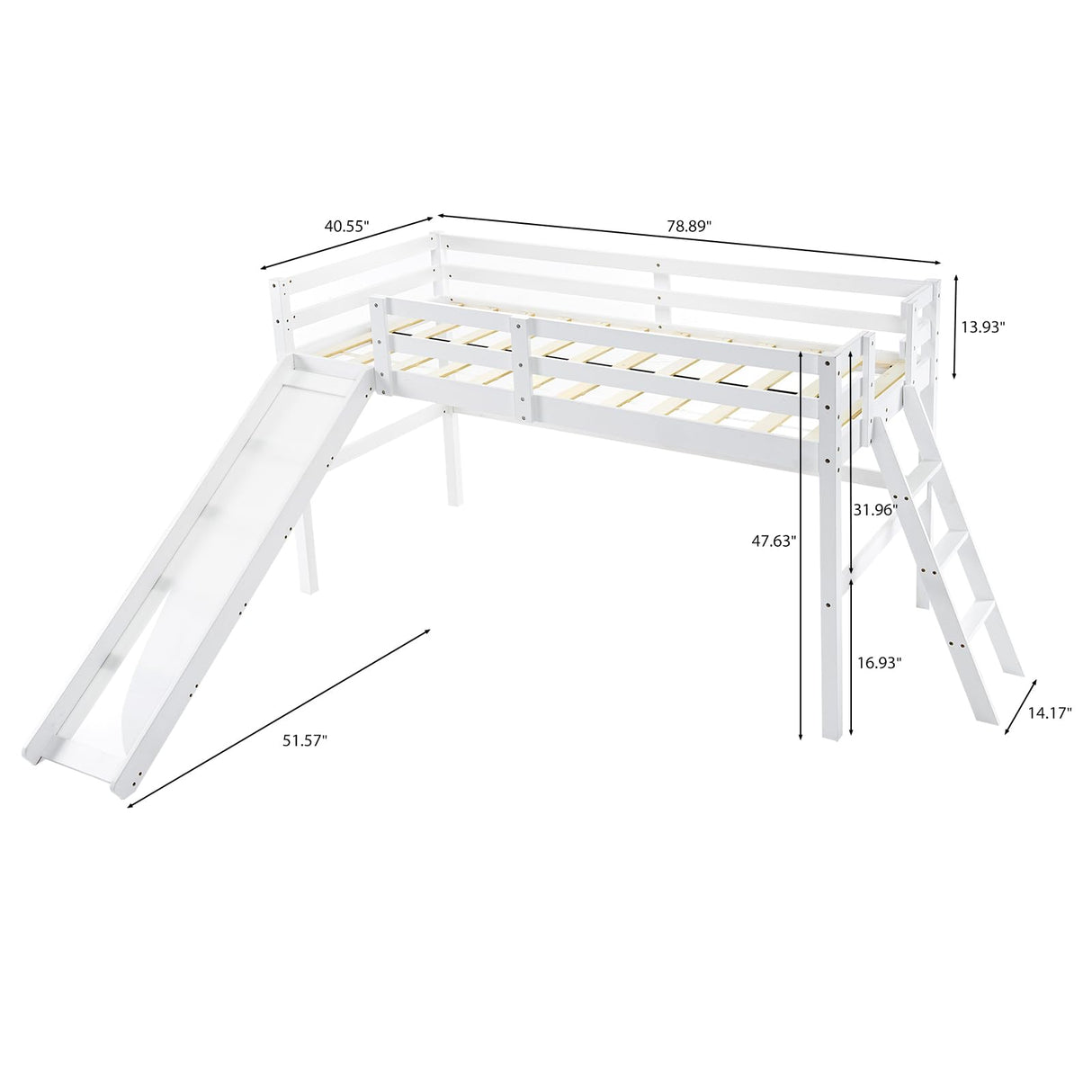 VINGLI Loft Bed with Slide, Twin, Space Saving Kids Low Loft Bed with Guardrail and Ladder, Pine Wood and Sturdy Bed Frame for Boys and Girls, White VINGLI