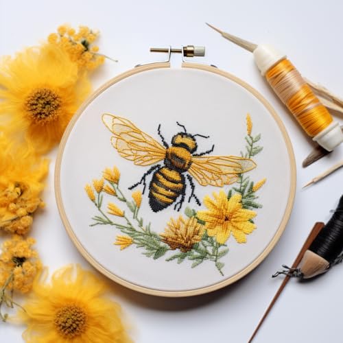 Yellow Bee and Honey Nest Stamped Cross Stitch Kits for Beginners Easy with Hoop 11CT Needlepoint Embroidery DIY Counted Cross Stitch Kits Art Craft Wall Decor 40x40cm(1)