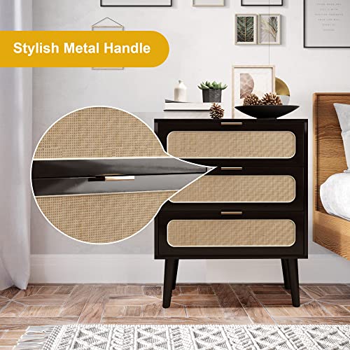 QHITTY Drawer Dresser Set of 2, Rattan Chest of Drawers with 3 Drawers Dresser, Accent Storage Cabinet Modern Bedside Table for Living Room, Bedroom, Entryway (Black) QHITTY