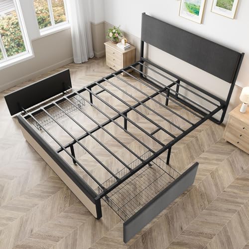 IDEALHOUSE Queen Bed Frame with Storage Drawers, Upholstered Platform Bed Frame with Metal Slats Support, Under Bed Storage Mattress Foundation, No Box Spring Needed, Noise Free, Easy Assembly IDEALHOUSE