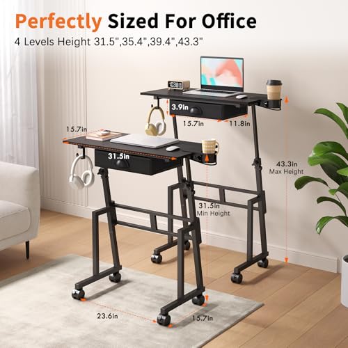 Adjustable Height Standing Desk with Drawer, Rolling Sit to Stand Up Desk with Wheels Height 31.5"-43.3" Small Mobile Laptop Standing Desk for Treadmill Walking Pad, Movable Classroom Podium (Black) Honkazita