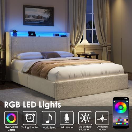 Full LED Bed Frame with 4 Storage Drawers and Storage Headboard, Soft Boucle Upholstered Platform Bed Frame with Charging Station and USB Ports, Solid Wood Slats Support, No Box Spring Needed, Cream Garvee