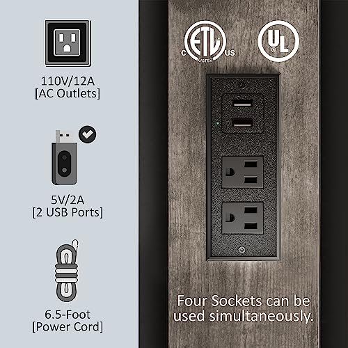 AMERLIFE Industrial Queen Size Bed Frame with Charging Station & 2-Tier Storage Headboard in Rustic Grey AMERLIFE