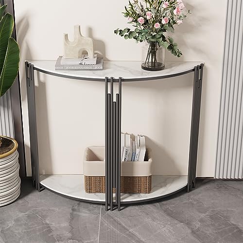 Wisfor Sintered Stone Console Table: Half Round White Entryway Table with Black Frame - Modern Narrow Sofa End Table - Semicircular Accent Table for Hallway, 39.4x11.8x30.7 inch Wisfor