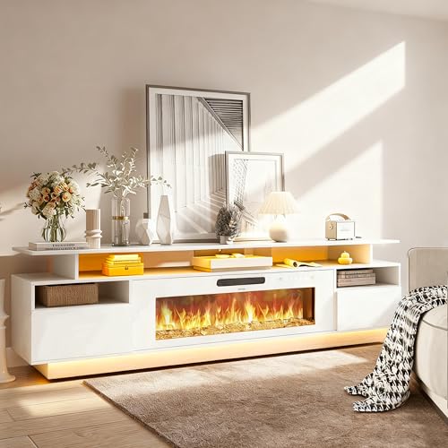 FJTJBSI 70" Fireplace TV Stand with 36" Electric Fireplace Entertainment Center with Charging Station and LED Light Console Table for Television up to 80 inch with Storage for Living Room FJTJBSI