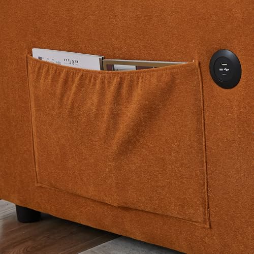Modern Convertible Sofa Couch Bed, USB Ports, 3 in 1 Velvet Sleeper Sofa Pull Out Bed for Living Room Apartment Small, Widen Armrest Reclining Sofa Futon Adjustable Backrest with 2 Pillows(Orange) Deolme