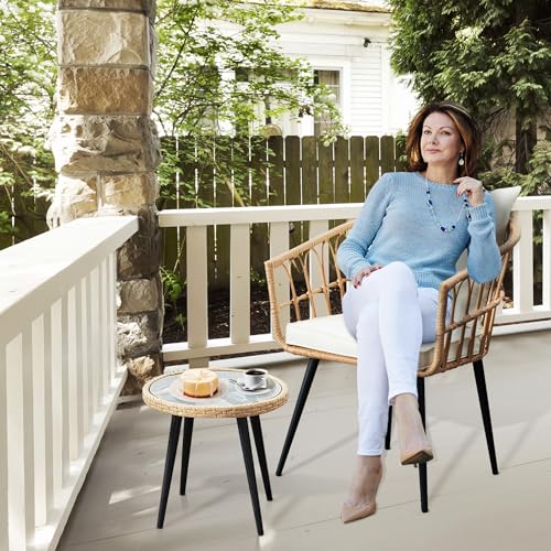 WenHaus 3 Piece Patio Bistro Sets, Outdoor Wicker Furniture Set, All-Weather Rattan Chairs Conversation Set with Cushions Round Table for Garden,Balcony,Backyard,Porch,Deck-Beige WenHaus