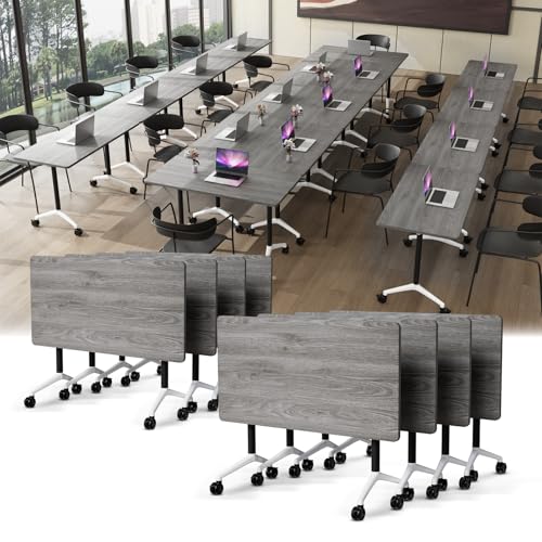 Ptosziav Folding Conference Table,Modular Foldable Conference Room Tables with Wheels for 4-12,Large Small Meeting Table Mobile Training Office Table for Classroom School (4, Grey, 55") Ptosziav