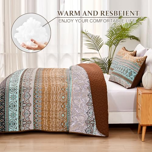 WONGS BEDDING Boho Fall Quilt Set Twin, Brown Bohemian Quilt Bedding Set, Ultra Soft Lightweight Bedspread for All Season Reversible Microfiber Coverlet Bedding Set 68"x86"(3 Pieces) WONGS BEDDING