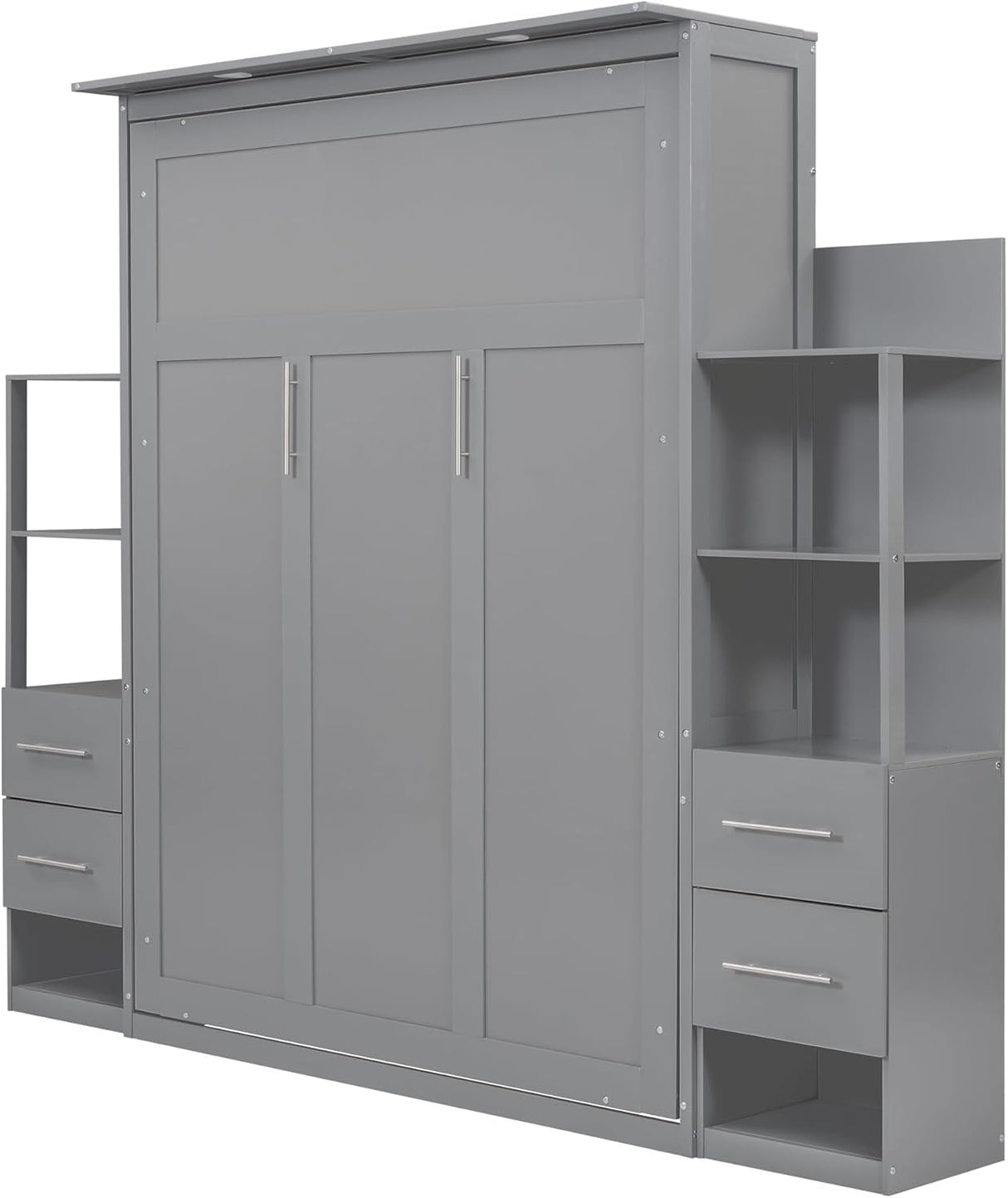 Queen Murphy Bed with Storage Drawers,LED Lights and Shelves,Wood Murphy Wall Bed Cabinet for Adults (Grey) MERITLINE