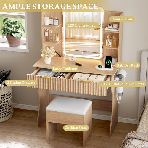 Vanity Desk with LED Lights Mirror & Power Outlet, Small Makeup Vanity Table Set with Storage Drawers & Chair, 3 Lighting Modes & Adjustable Brightness, Dressing Table for Women Girls Bedroom, Oak Xixini
