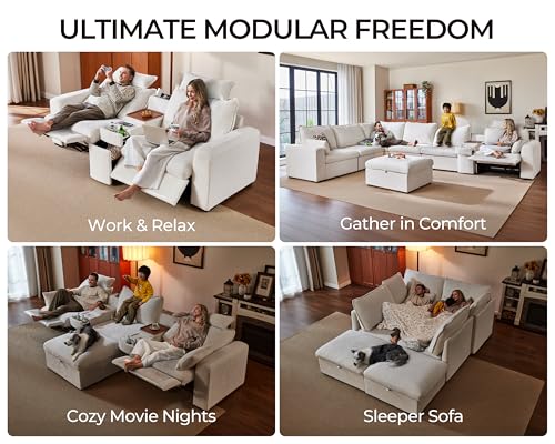 Bedeep Oversized Modular Sectional Sofa with Double Power Recliner, Cloud Reclining Couch with Headrest, Storage Drawer Charging Cup Holders, Deep L-Shaped 6 Seater with Corner, Chenille, White