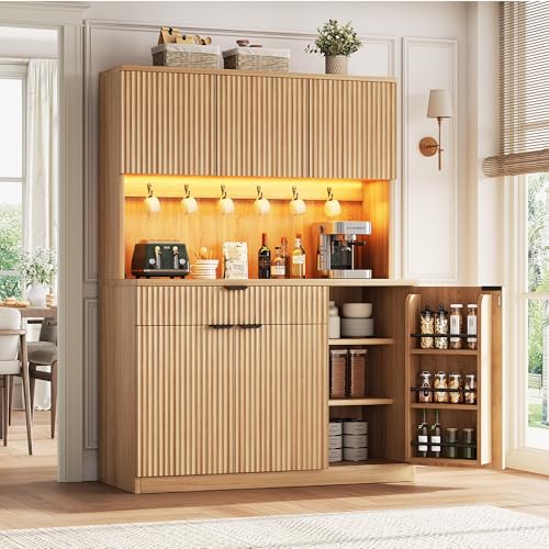 Jocoevol Fluted Kitchen Pantry Storage Cabinet with Charging Station/LED Light/Doors/Shelves, 71'' Tall Kitchen Food Hutch with Microwave Stand for Dining Room Living Room (Natural, 41 * 15.7 * 71) Jocoevol