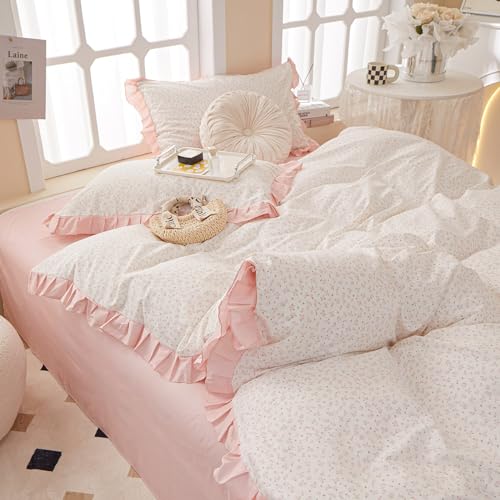 Pink Flower Duvet Cover Twin Chic Floral Print Ruffle Duvet Cover Cotton Lace Comforter Cover Country Style Floral Bedding Set Romantic Ruffle Comforter Cover Flower Bedding Cover with 2 Pillowcases LifeTB