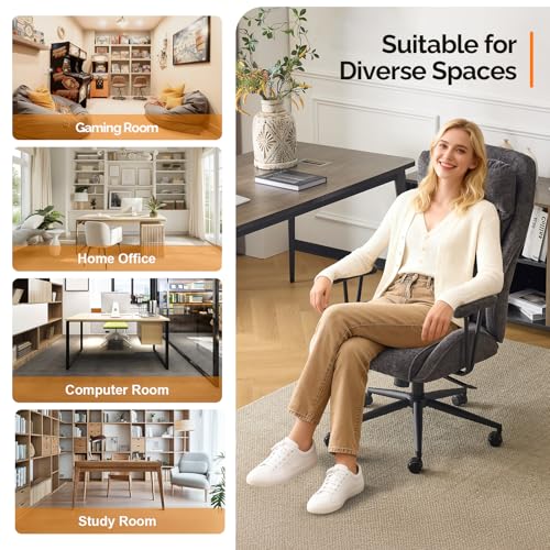 VINGLI Chenille Executive Ergonomic Fabric Office Chair with 100-130° Recline, High-Back Desk Chair with Adjustable Base & Padded Back & Wheels, Comfy Chair for Gaming, Computer, Home Office,Dark Gray VINGLI