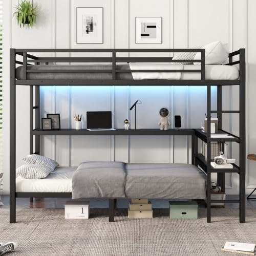 Full XL Over Twin Bunk Bed with Desk and Shelves, Metal Loft Bed with LED and USB, Multiple Placement, Black Bellemave