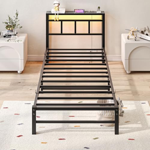 Maliacife Twin Bed Frame with Headboard,Single Bed Frame with Charging Station and LED Lights,Metal Platform Bed Twin Sizes,No Box Spring Needed,Easy Assembly,Black (Sand Black, Twin) Maliacife